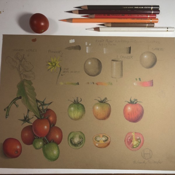 Workshop demo page of tomato on kraft paper